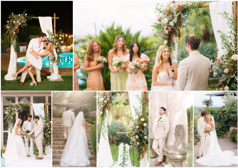 A romantic outdoor wedding collage featuring ceremony and reception moments under floral arches and garden settings.