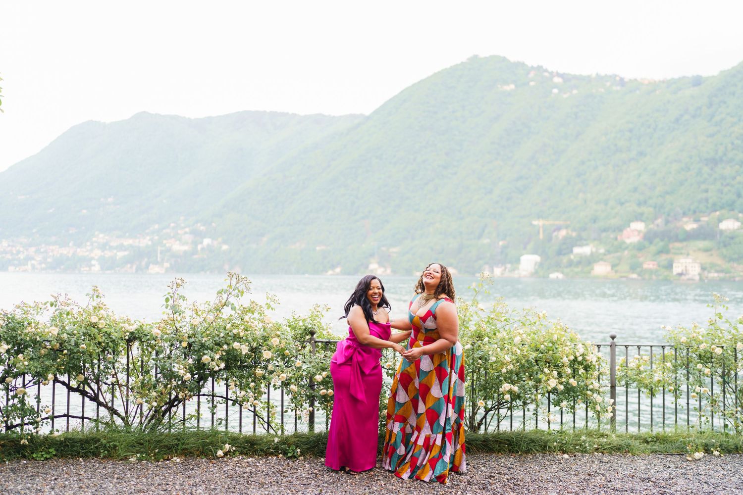 Elegant women group portrait overlooking Lake Como celebration