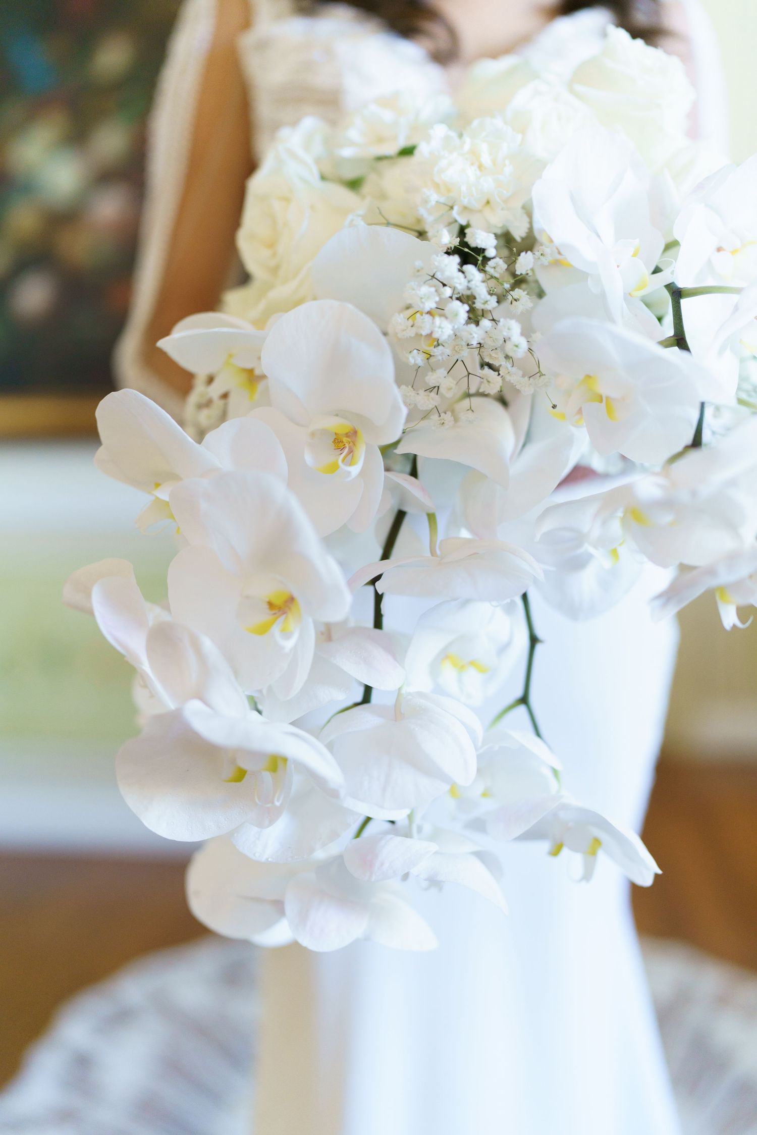 White orchids and baby's breath arranged in an elegant bridal bouquet.