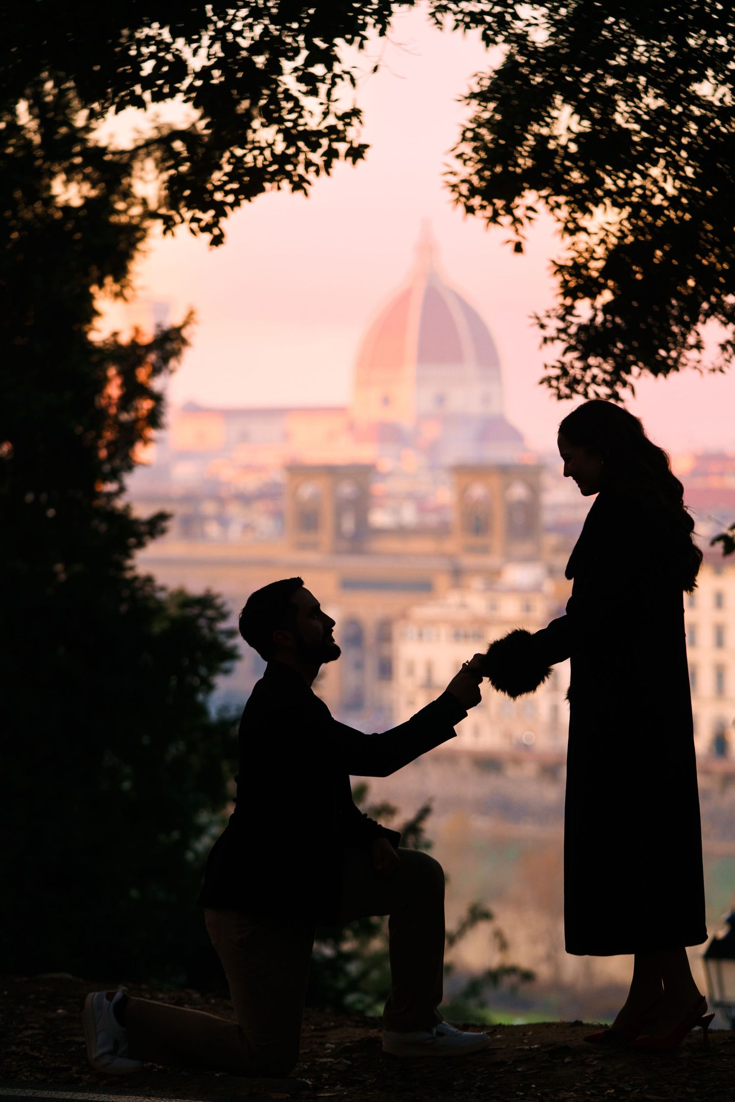 Silhouettes of two figures in a romantic proposal scene against a sunset cityscape backdrop with trees framing the moment.