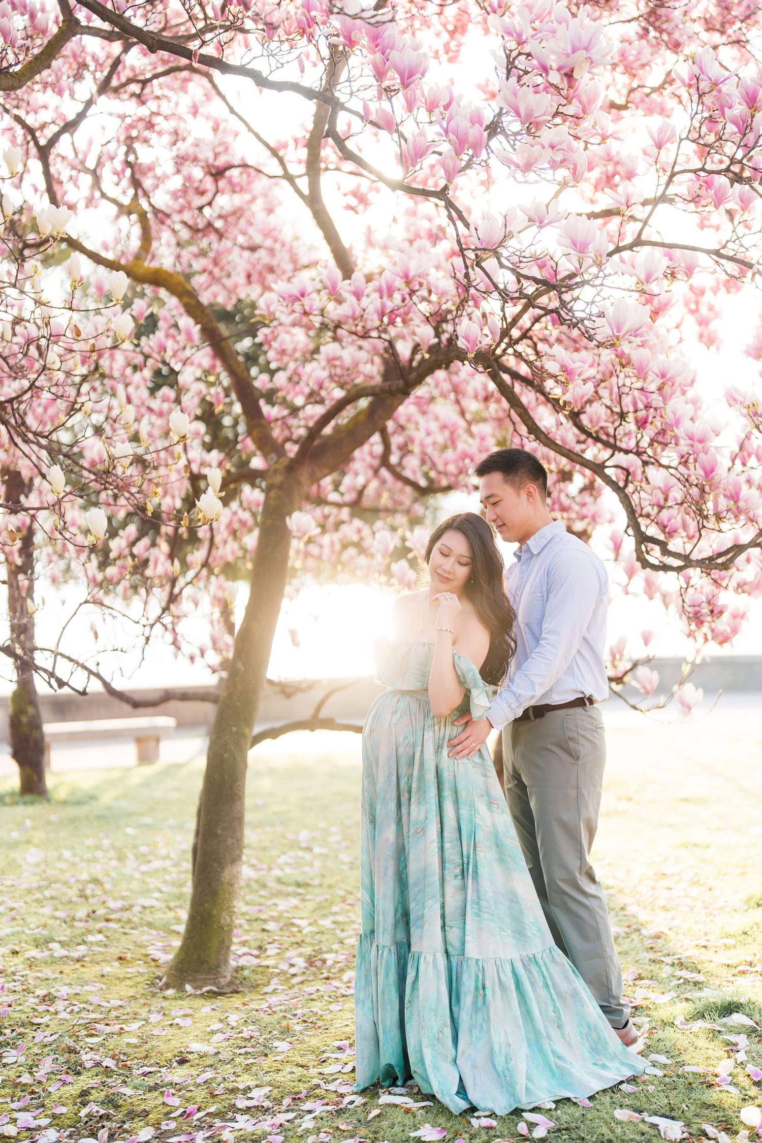 Couple embracing under a blooming pink magnolia tree in spring, woman in teal dress, soft golden backlight.