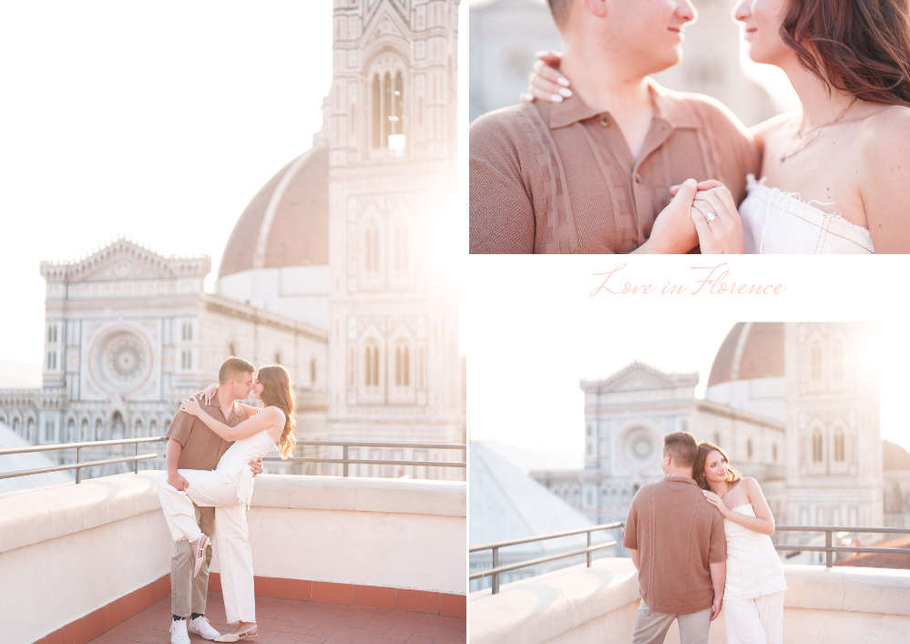 A romantic couple shares tender moments at sunset on a rooftop terrace overlooking Florence's Duomo cathedral in Italy.