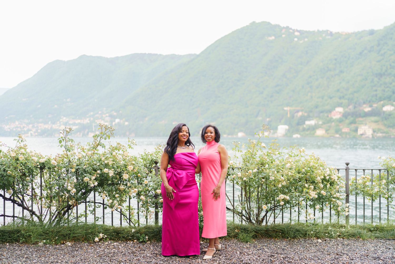 Elegant women group portrait overlooking Lake Como celebration