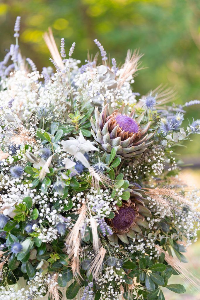 Rustic wedding bouquet featuring protea flowers, baby's breath, and dried elements in natural setting.