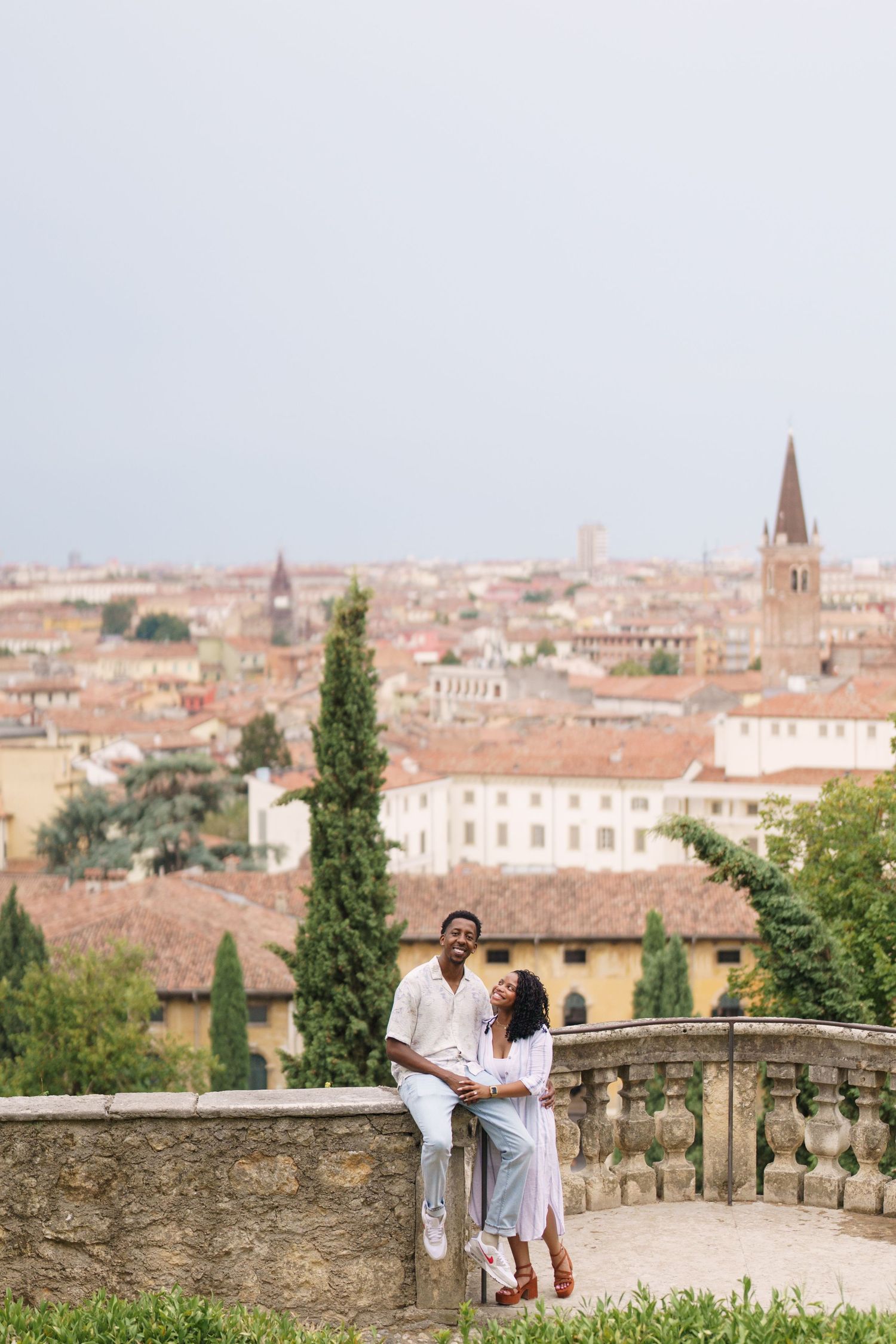Proposal engagement photographer Verona capturing emotional couple portraits in historic Italian gardens