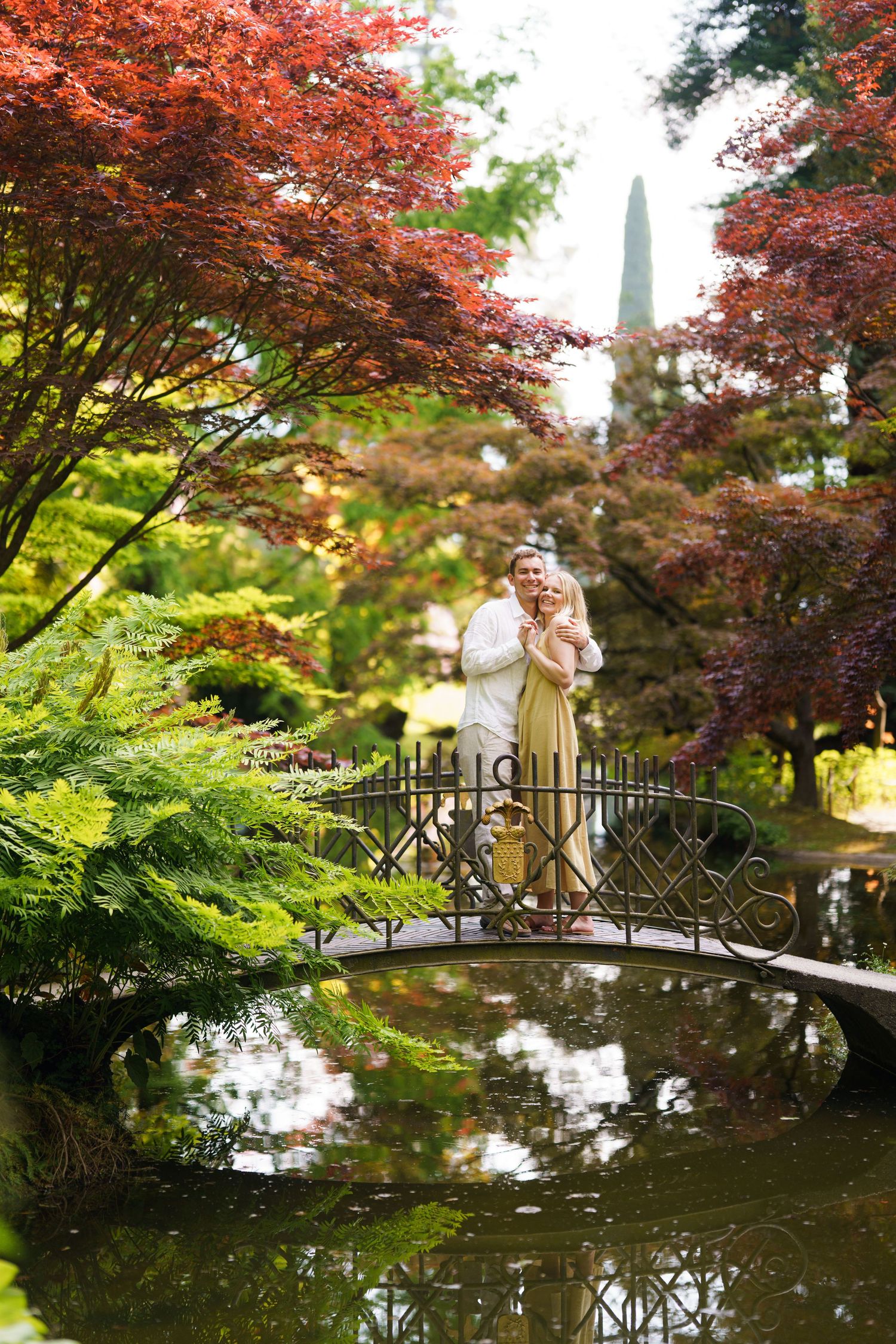 Couple embracing on ornate bridge over pond in lush garden with red Japanese maple trees in autumn.