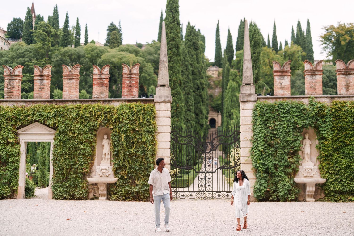 Happy engaged couple at Giardino Giusti Verona photographed by wedding photographer Italy Verona