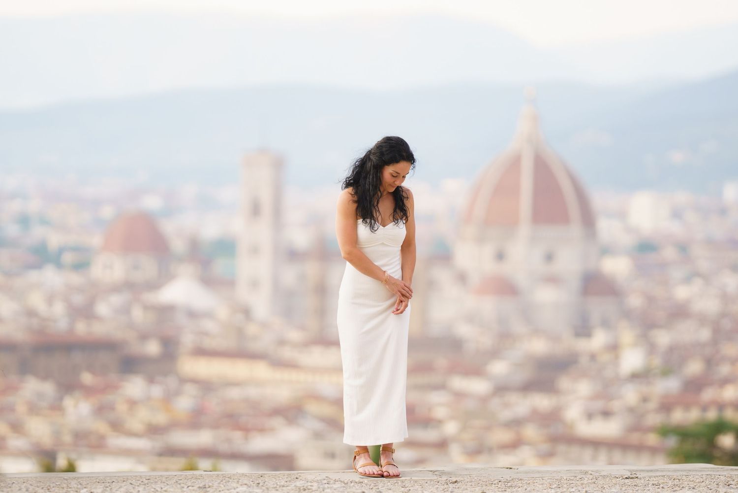 Panoramic view of Florence cityscape with Duomo cathedral and historic architecture under soft sunlight.