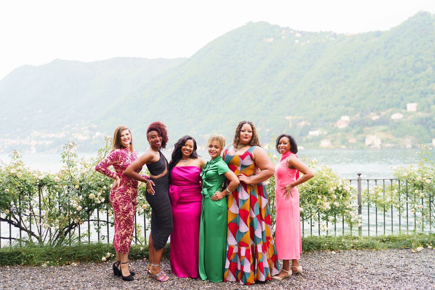 Elegant women group portrait overlooking Lake Como celebration