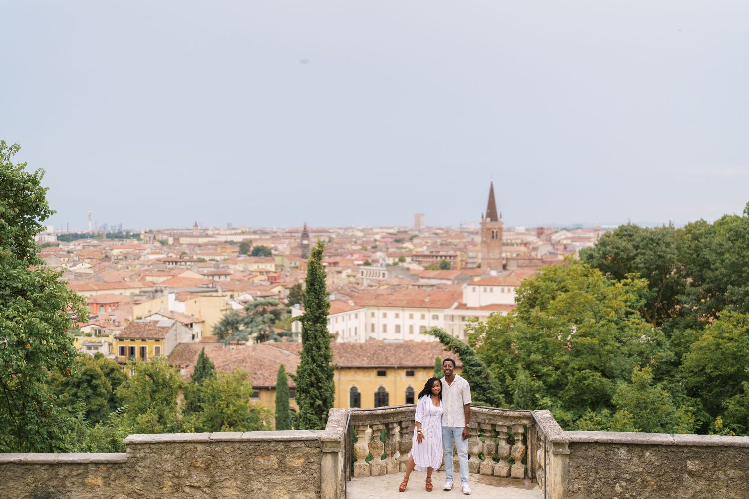Proposal engagement photographer Verona capturing emotional couple portraits in historic Italian gardens