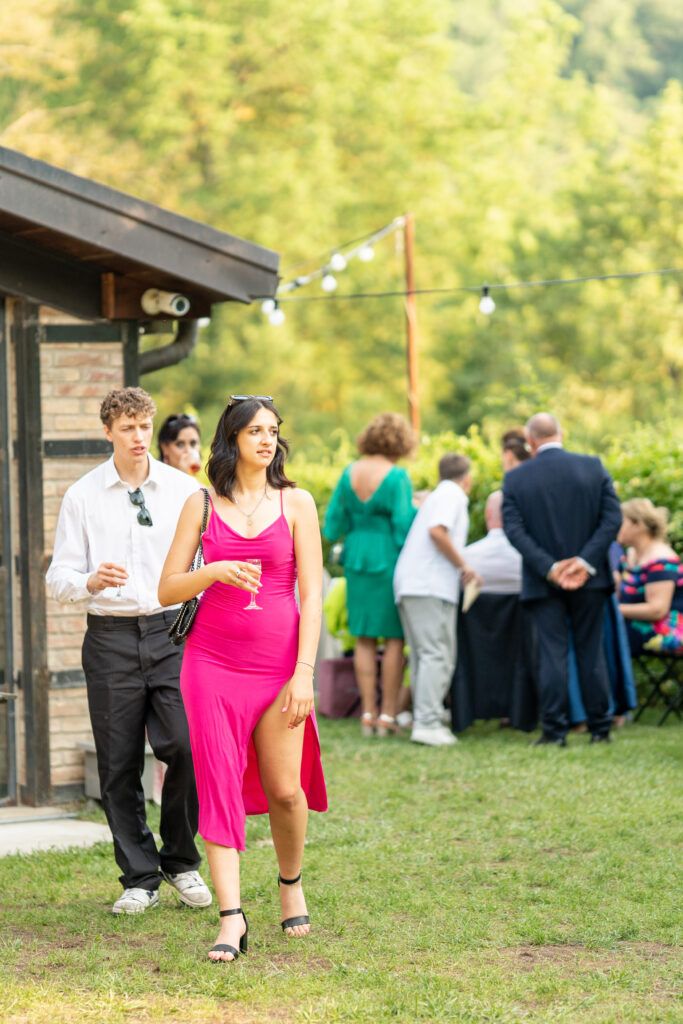 People enjoying an outdoor wedding reception on a sunny afternoon.