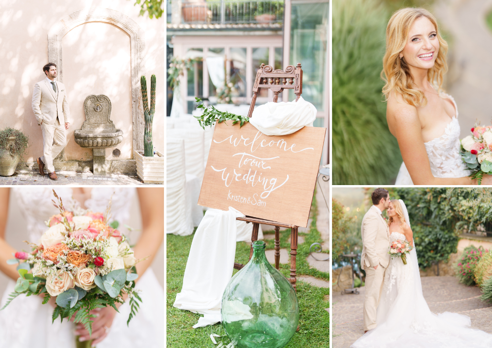 A series of romantic wedding photos featuring floral arrangements, bridal details, and garden settings in soft pastel tones.