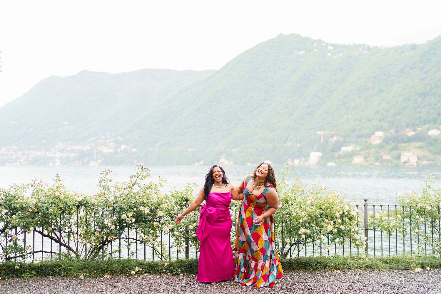 Elegant women group portrait overlooking Lake Como celebration