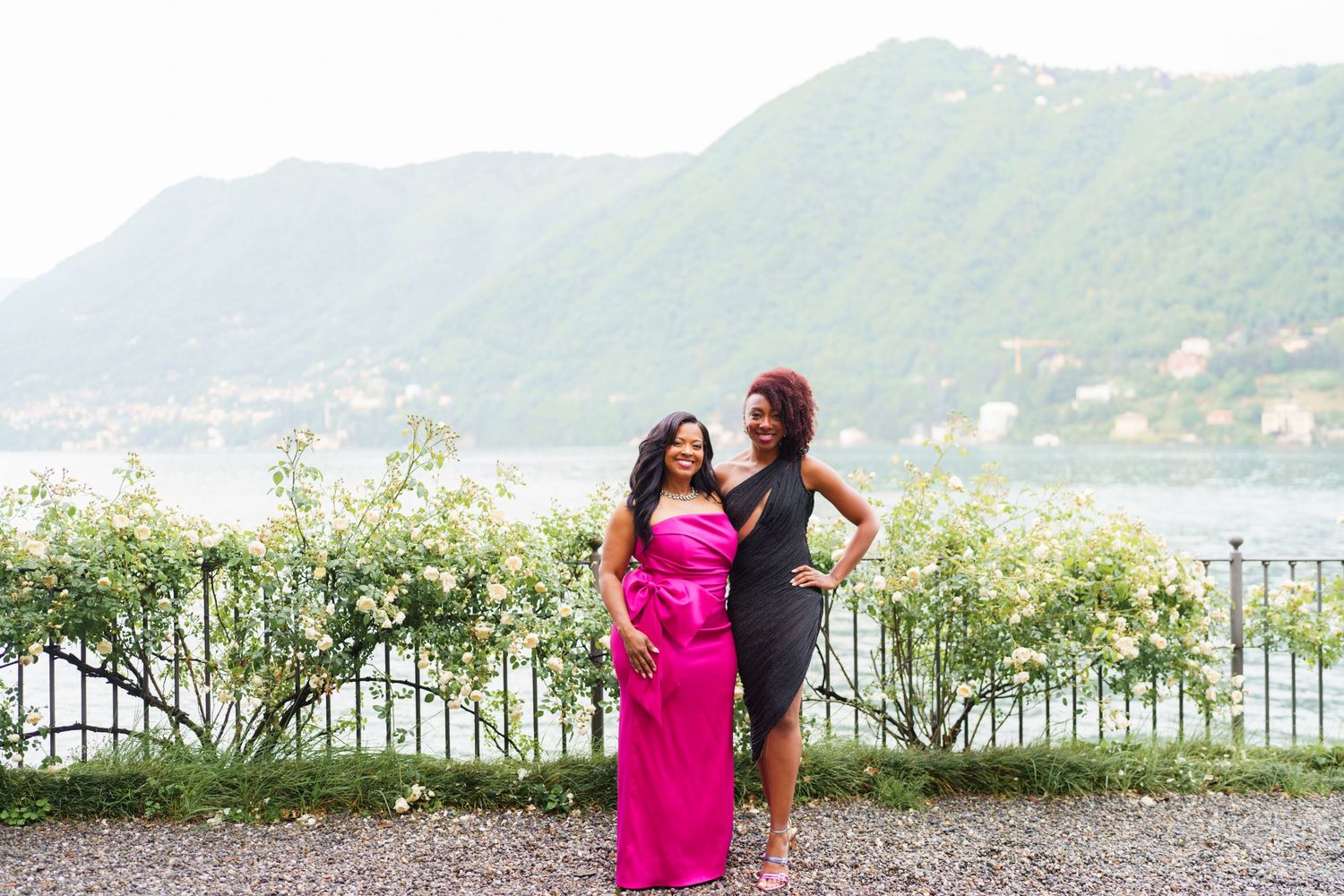 Elegant women group portrait overlooking Lake Como celebration