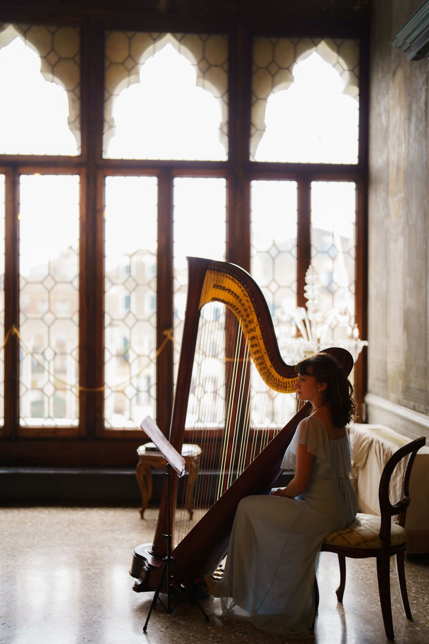 Elegant harp silhouettes against bright windows in a classical music room with ornate architectural details.