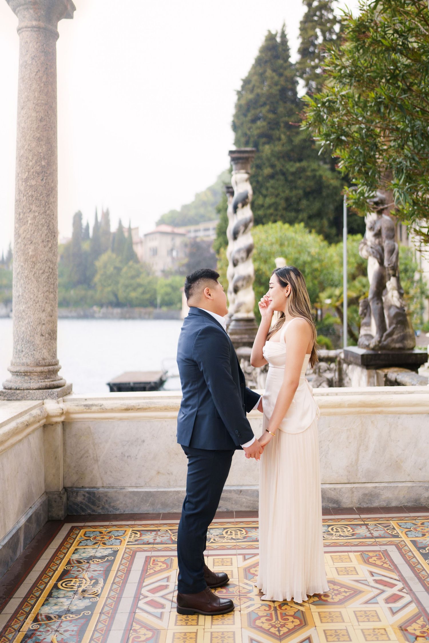 Elegant couple photography at Villa Monastero in Varenna by Lake Como proposal photographer