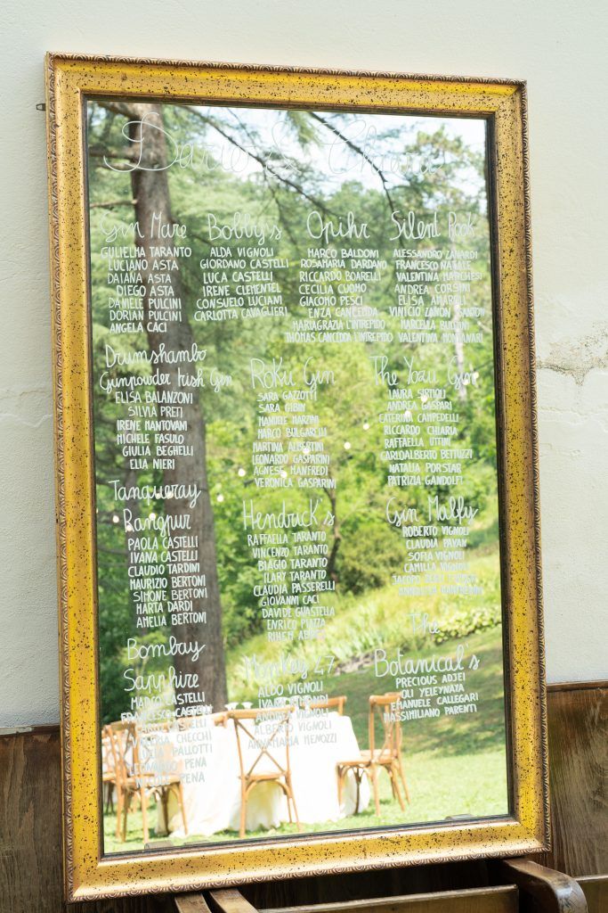 Gold-framed mirror seating chart display with white text listing guest names and table assignments.