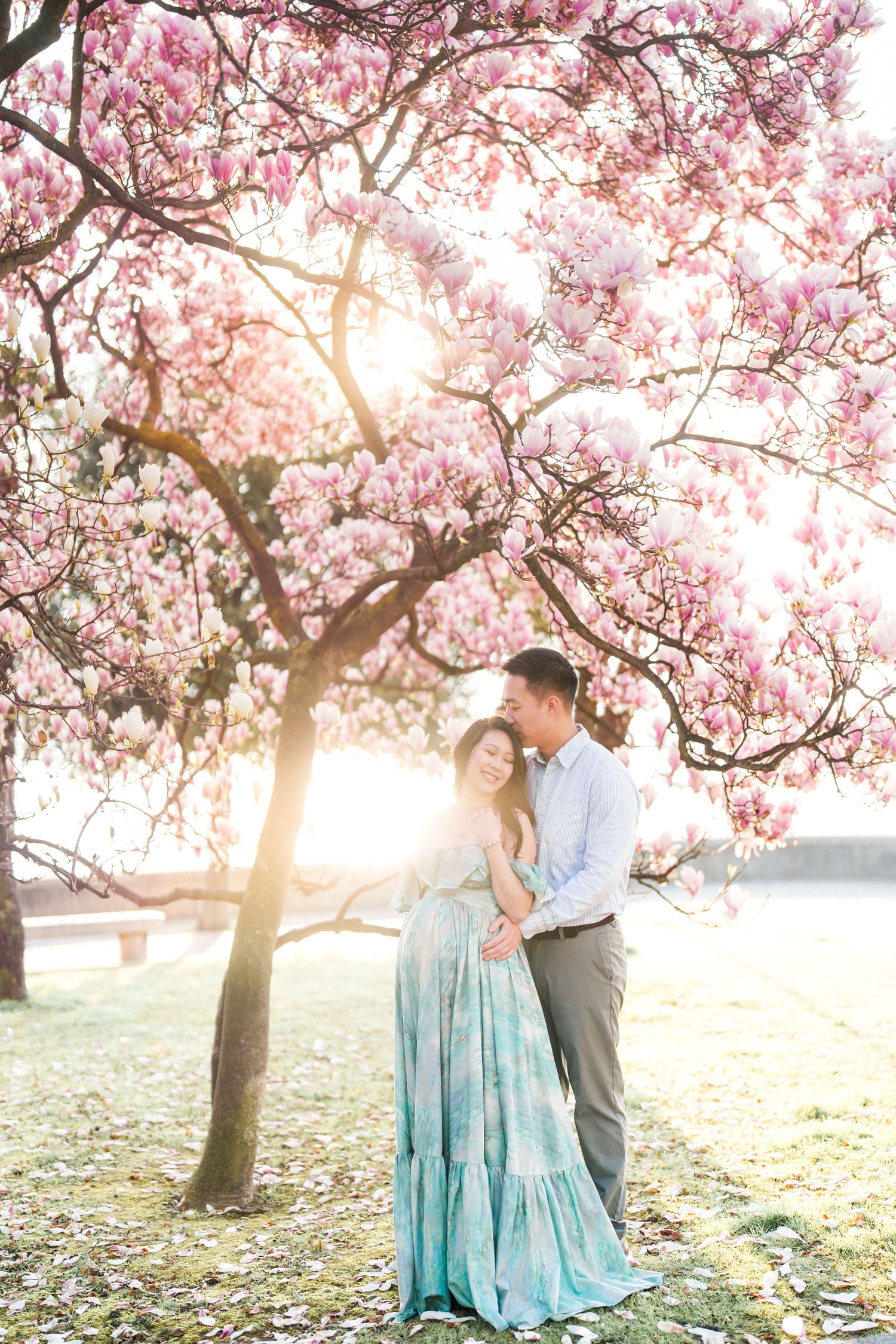 Couple embracing under blooming pink magnolia tree at golden hour, woman in teal flowy dress, romantic outdoor portrait.