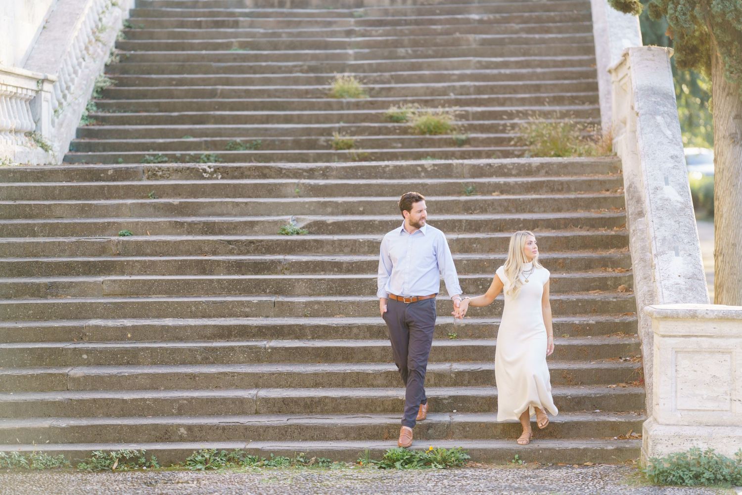 A series of photos showing someone walking up and down stone steps in different poses and positions.