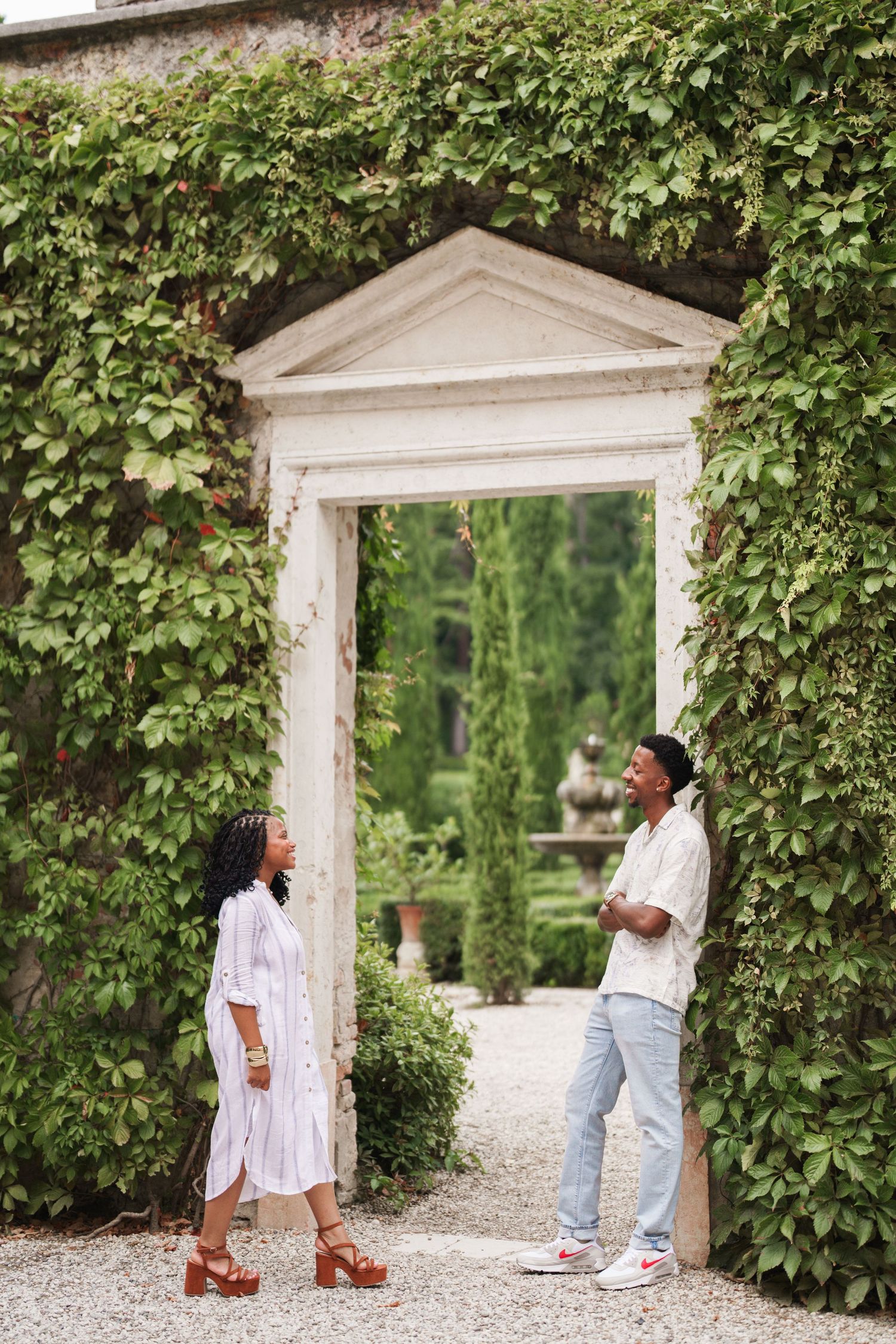 Proposal engagement photographer Verona capturing emotional couple portraits in historic Italian gardens
