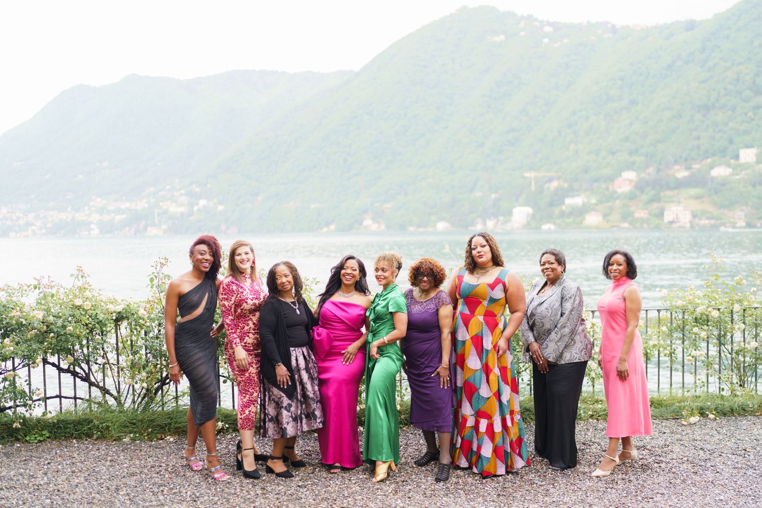 Elegant women group portrait overlooking Lake Como celebration