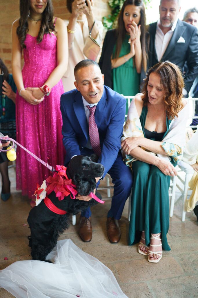 Wedding party members in bright pink and green dresses gather during the celebration.