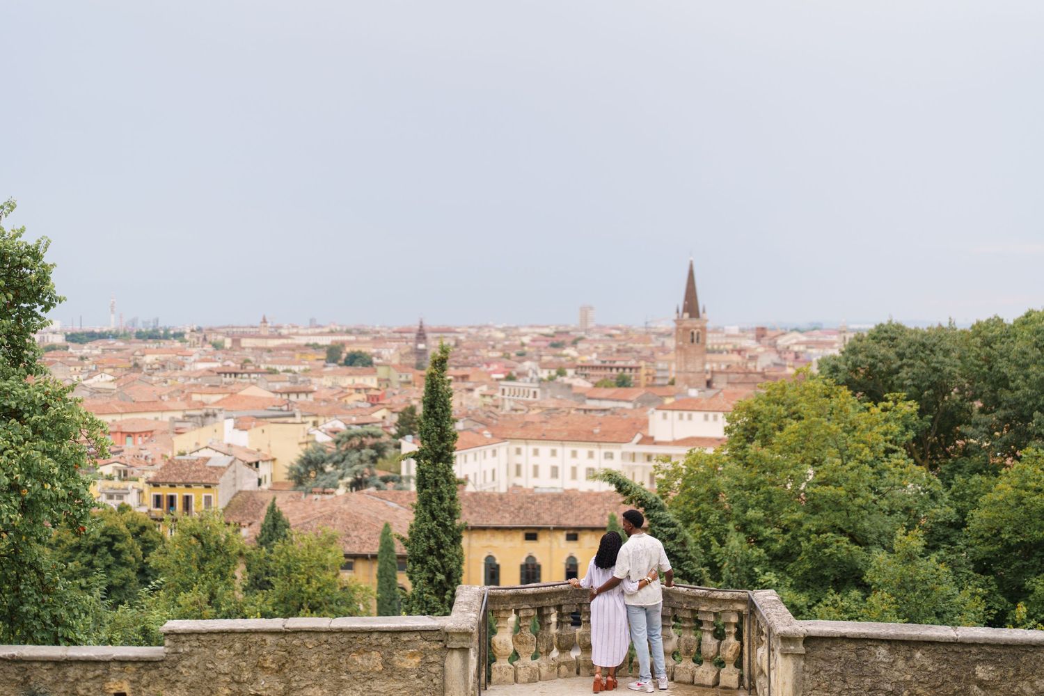 Proposal engagement photographer Verona capturing emotional couple portraits in historic Italian gardens