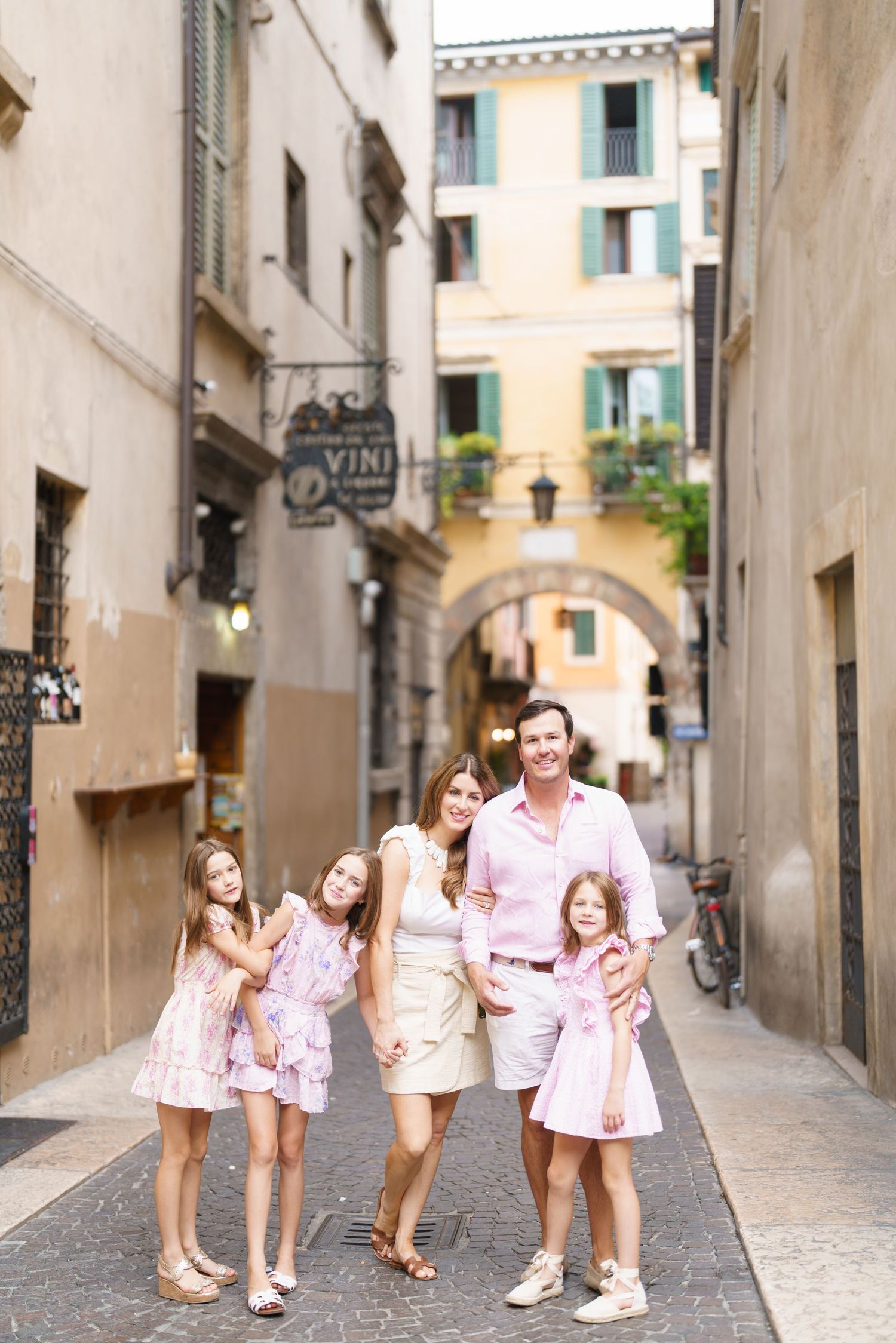Romantic couple portrait in historic streets of Verona Italy by Verona family photographer