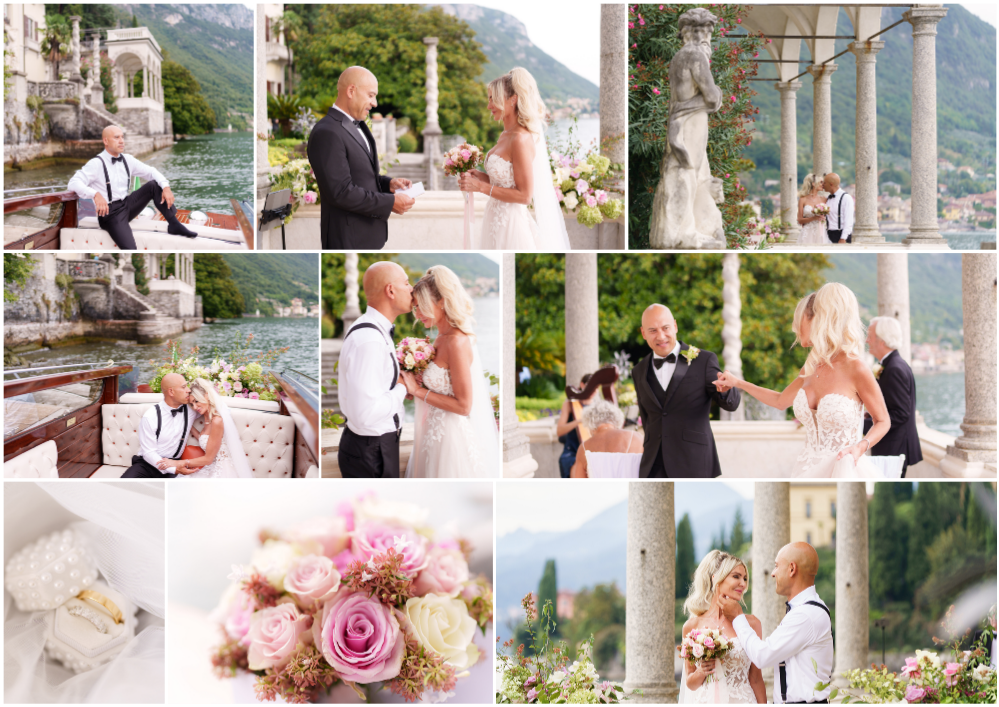 A romantic outdoor wedding ceremony at a lakeside venue with mountain views and elegant floral arrangements.