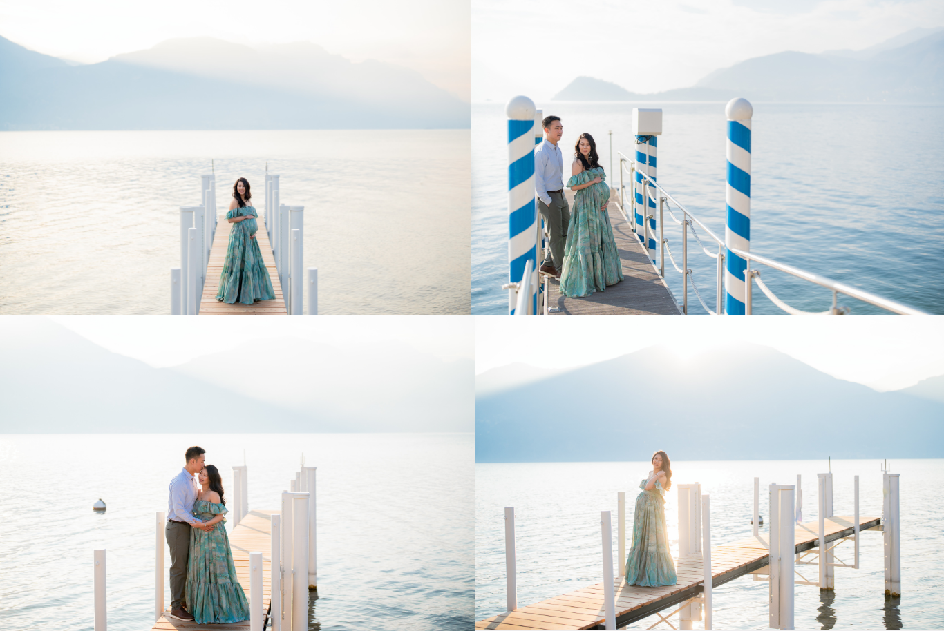 Romantic lakeside photo session with blue-striped posts and misty mountain backdrop over tranquil waters.