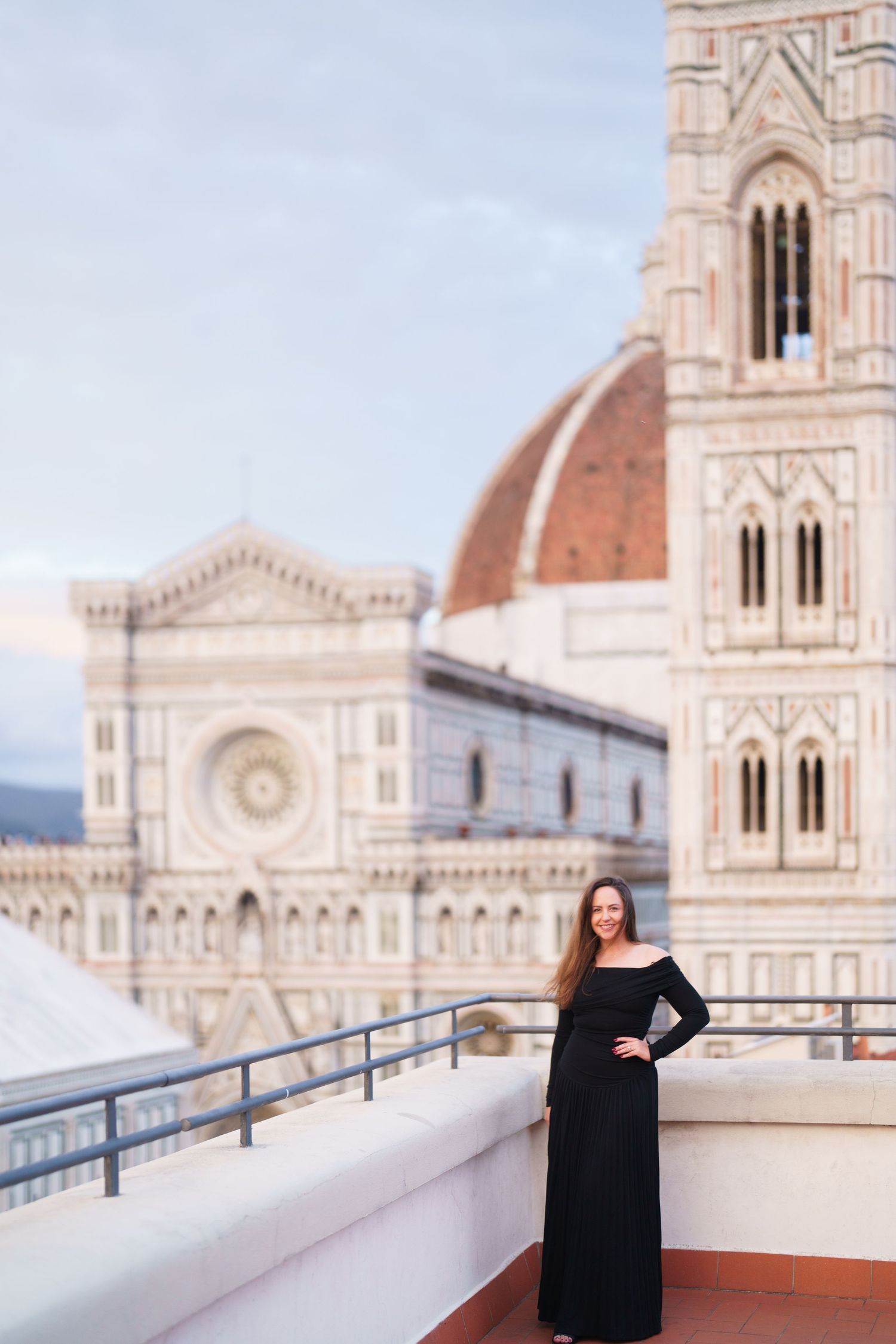 A series of photos showing a figure in black against the iconic white marble facade of Florence Cathedral in Italy.