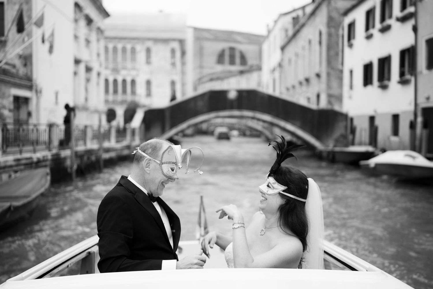 Black and white photo collage of romantic couples sharing intimate moments in Venice's scenic canals and bridges.