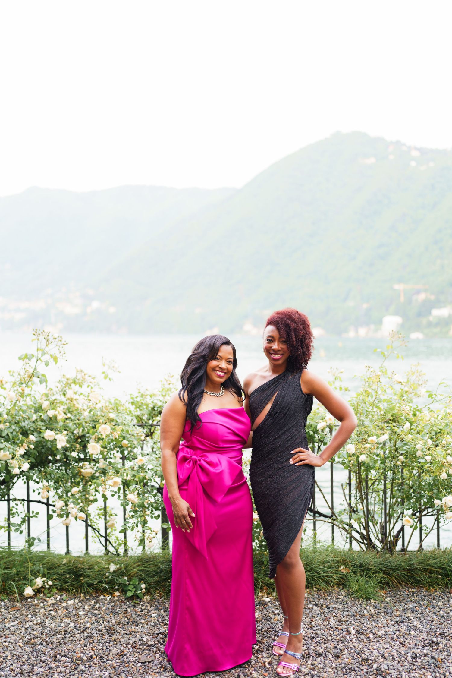 Elegant women group portrait overlooking Lake Como celebration