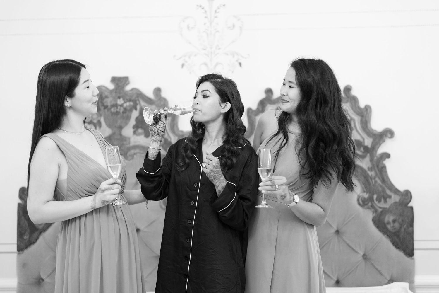 Black and white photos capture candid moments of celebration and laughter.