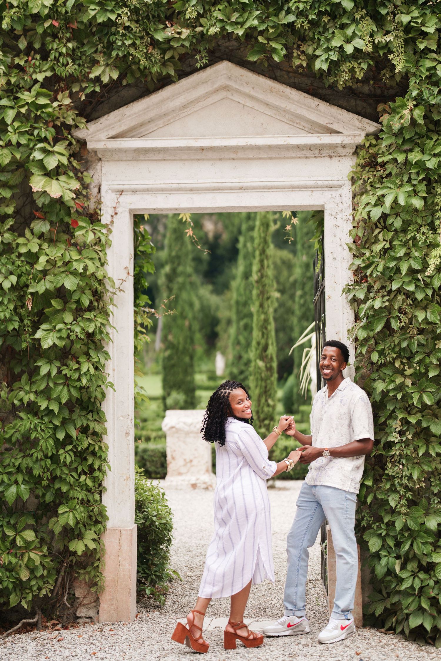Proposal engagement photographer Verona capturing emotional couple portraits in historic Italian gardens