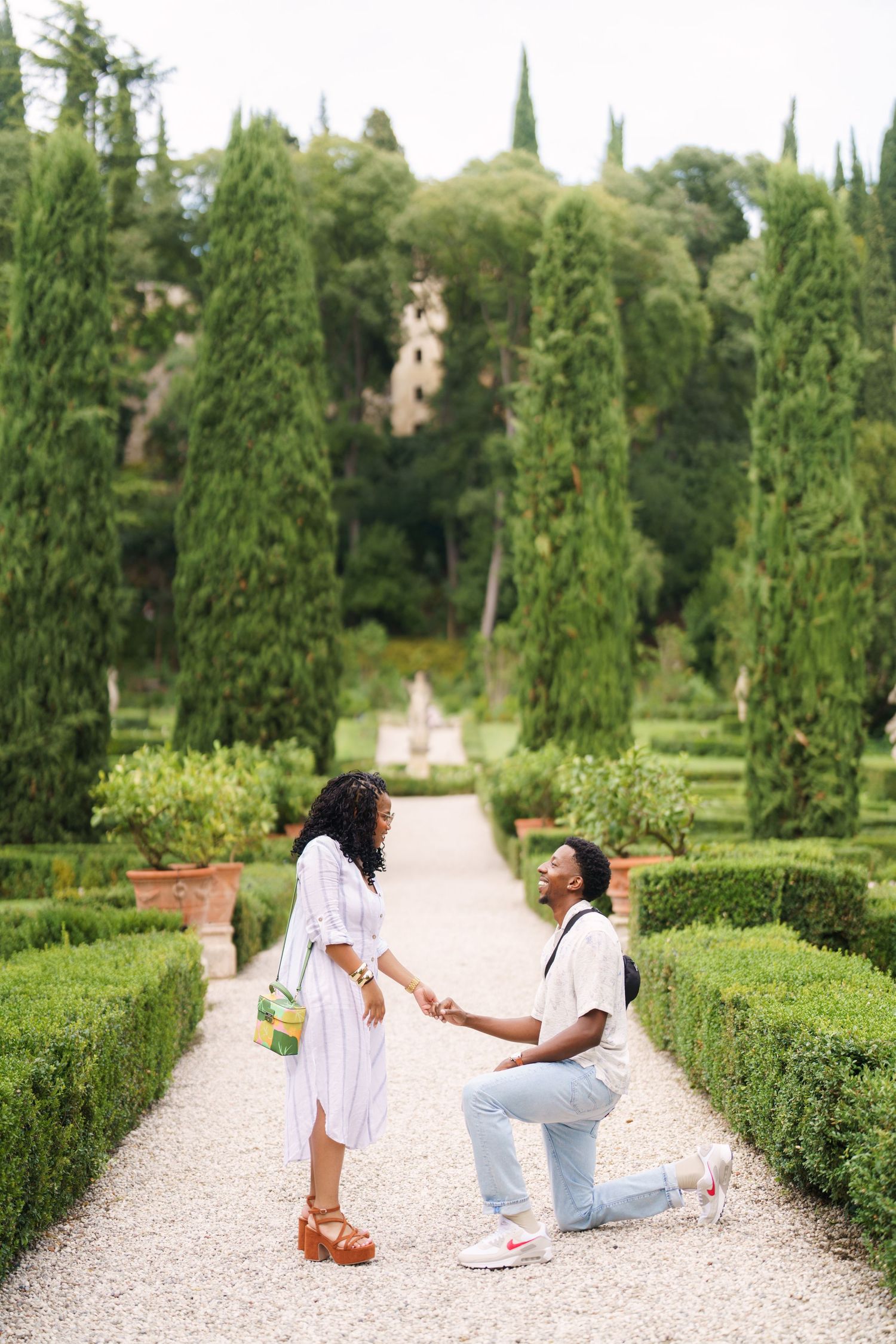 Surprise engagement proposal in Verona captured in cinematic and elegant photography style