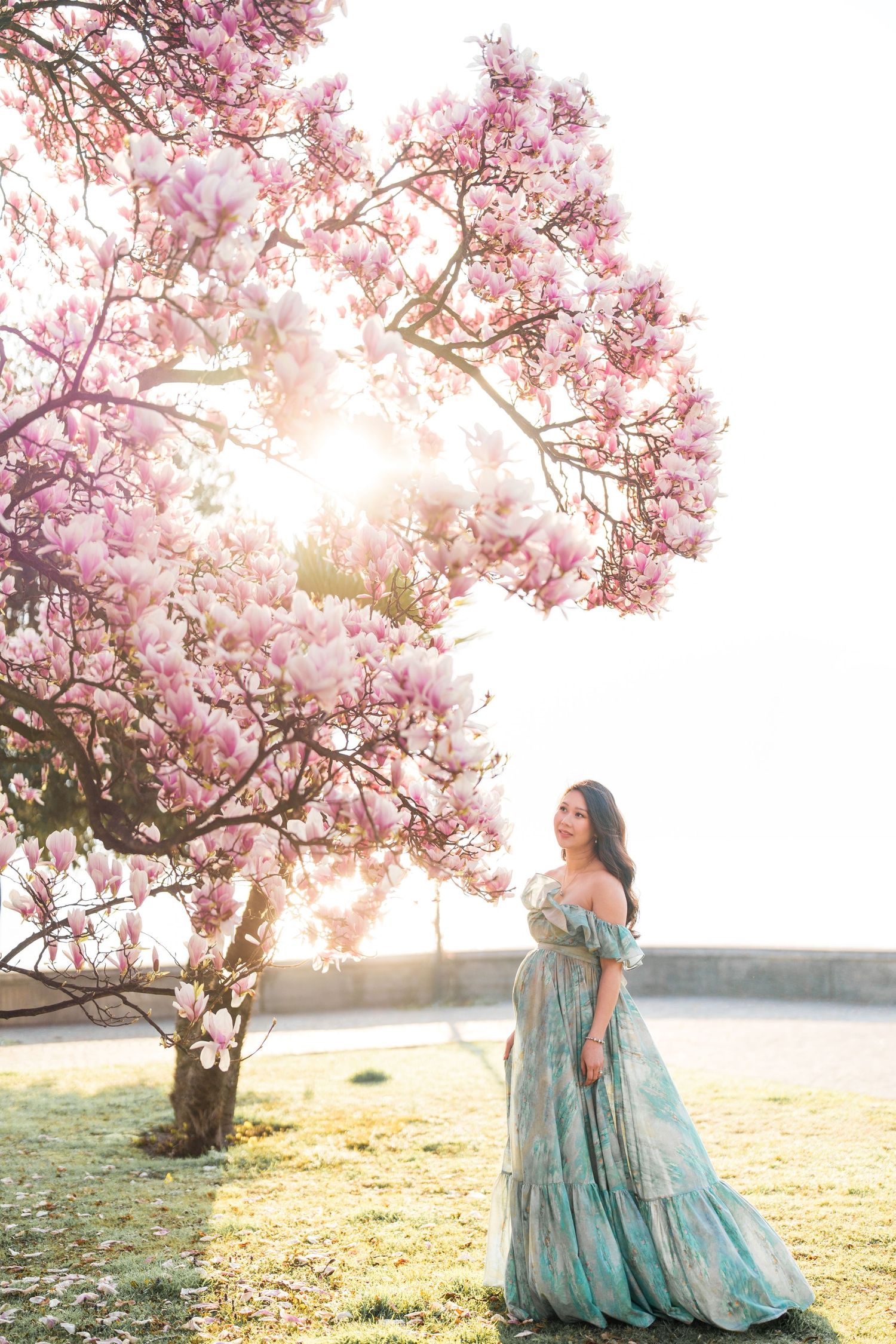 Woman in teal floral gown standing beneath blooming pink magnolia tree in golden sunlight.