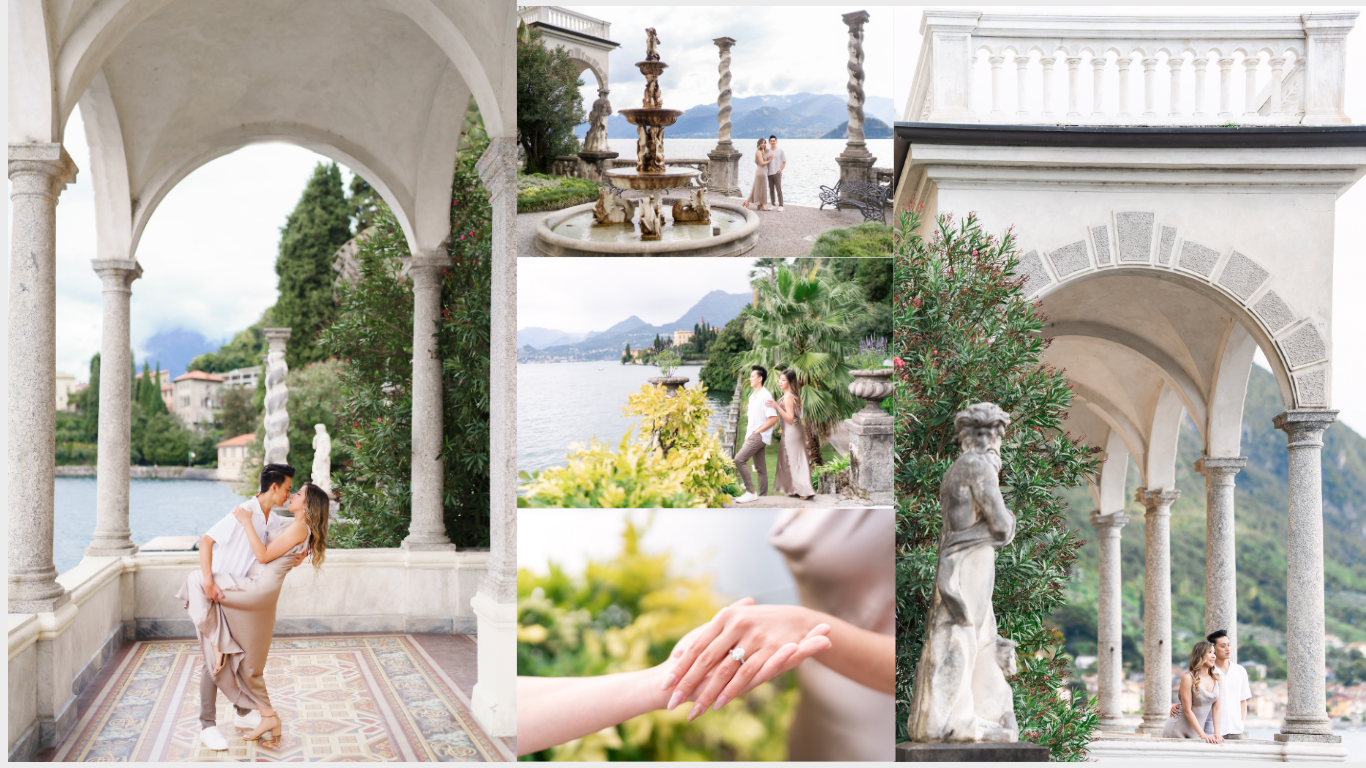 A romantic Mediterranean wedding venue features elegant white columns and arches overlooking a scenic coastal view.