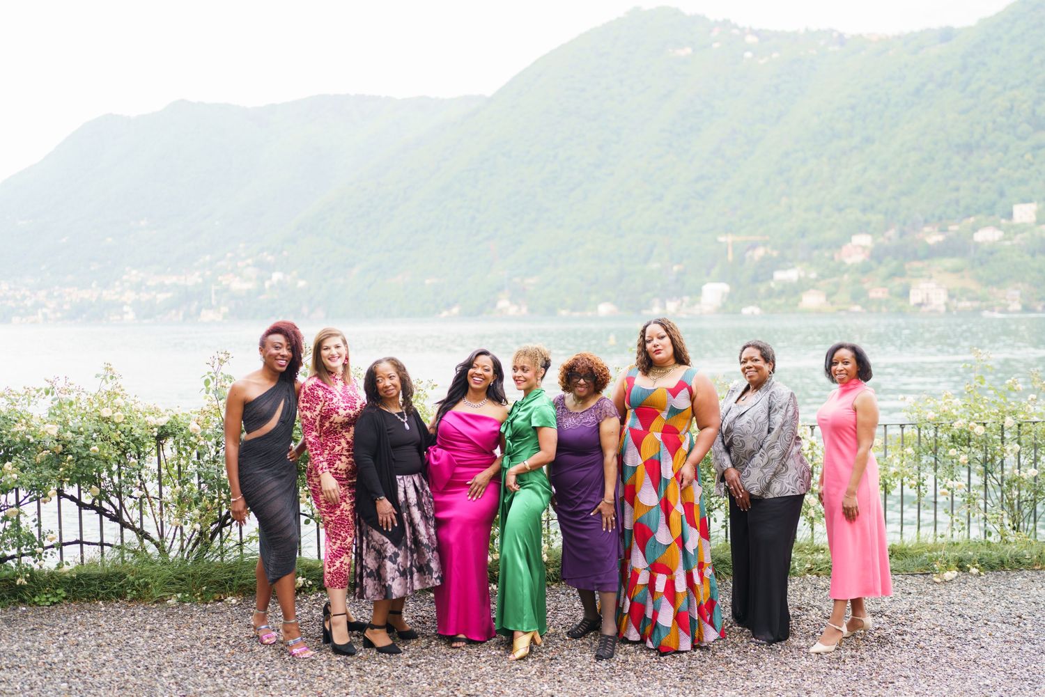 Elegant women group portrait overlooking Lake Como celebration
