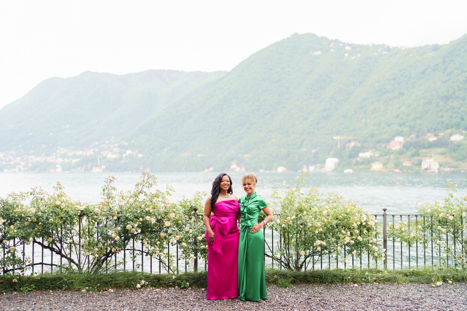 Elegant women group portrait overlooking Lake Como celebration