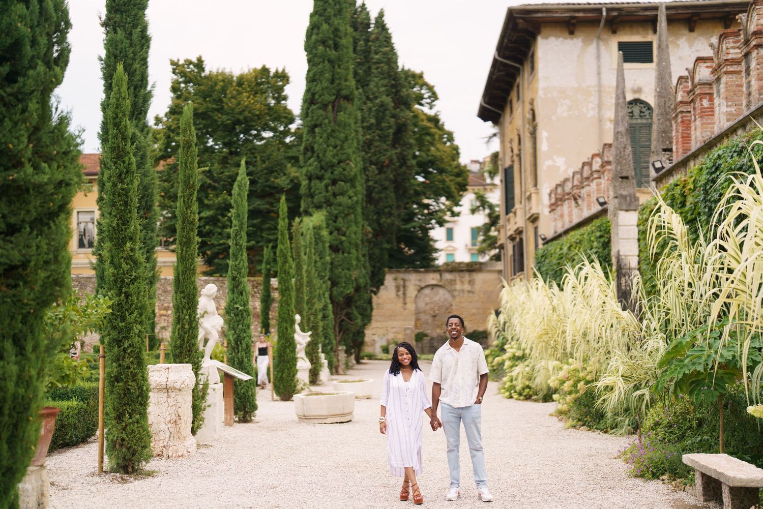 Proposal engagement photographer Verona capturing emotional couple portraits in historic Italian gardens