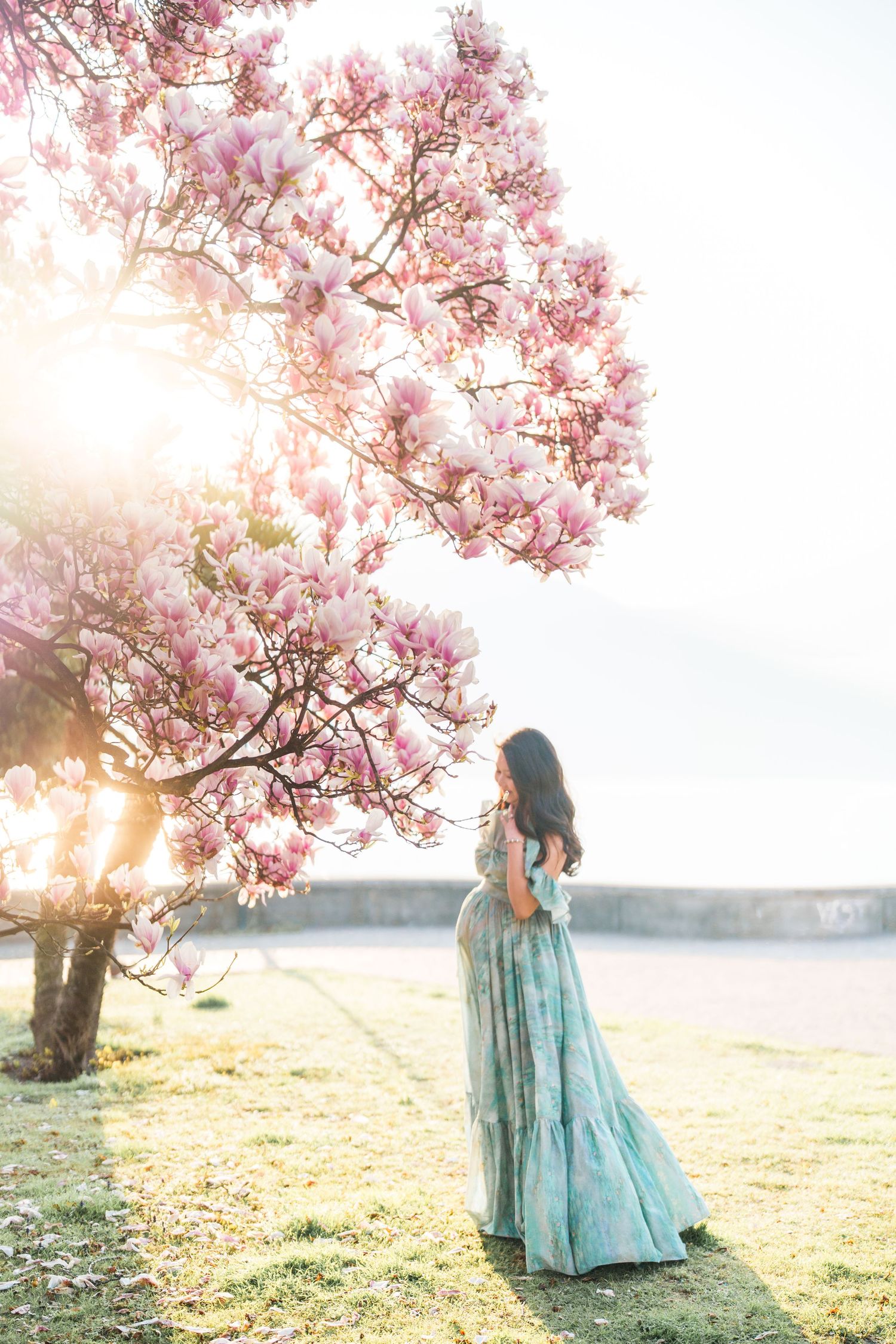 Woman in teal gown stands beneath blooming pink magnolia tree in soft golden sunlight.