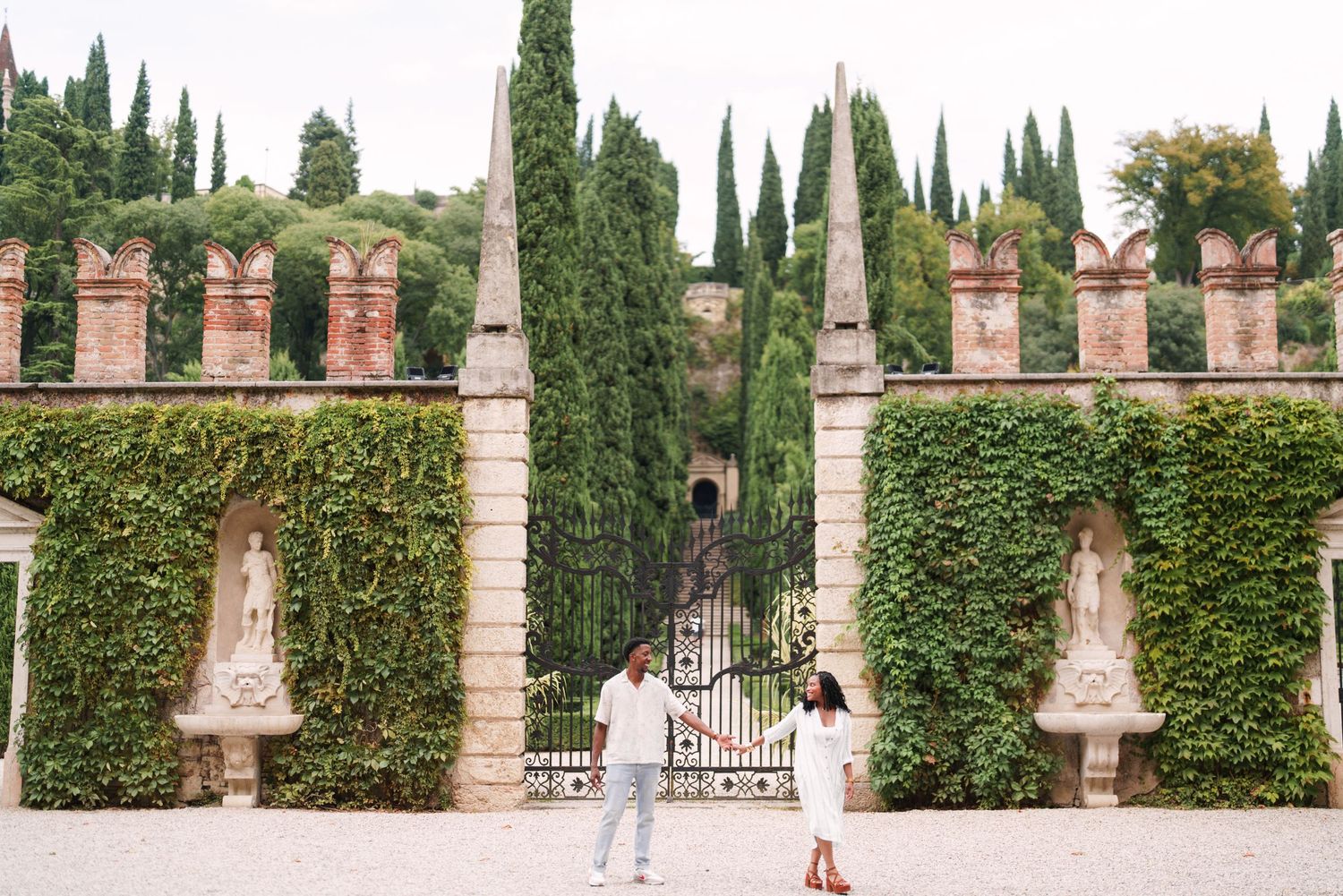 Happy engaged couple at Giardino Giusti Verona photographed by wedding photographer Italy Verona