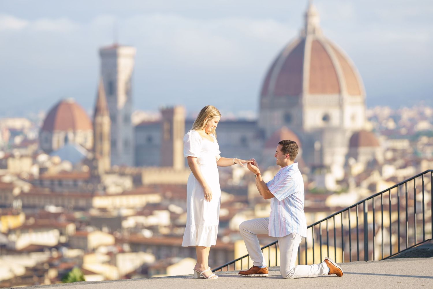 Two people enjoy a scenic view of Florence's historic skyline with the Duomo cathedral from Piazzale Michelangelo viewpoint.