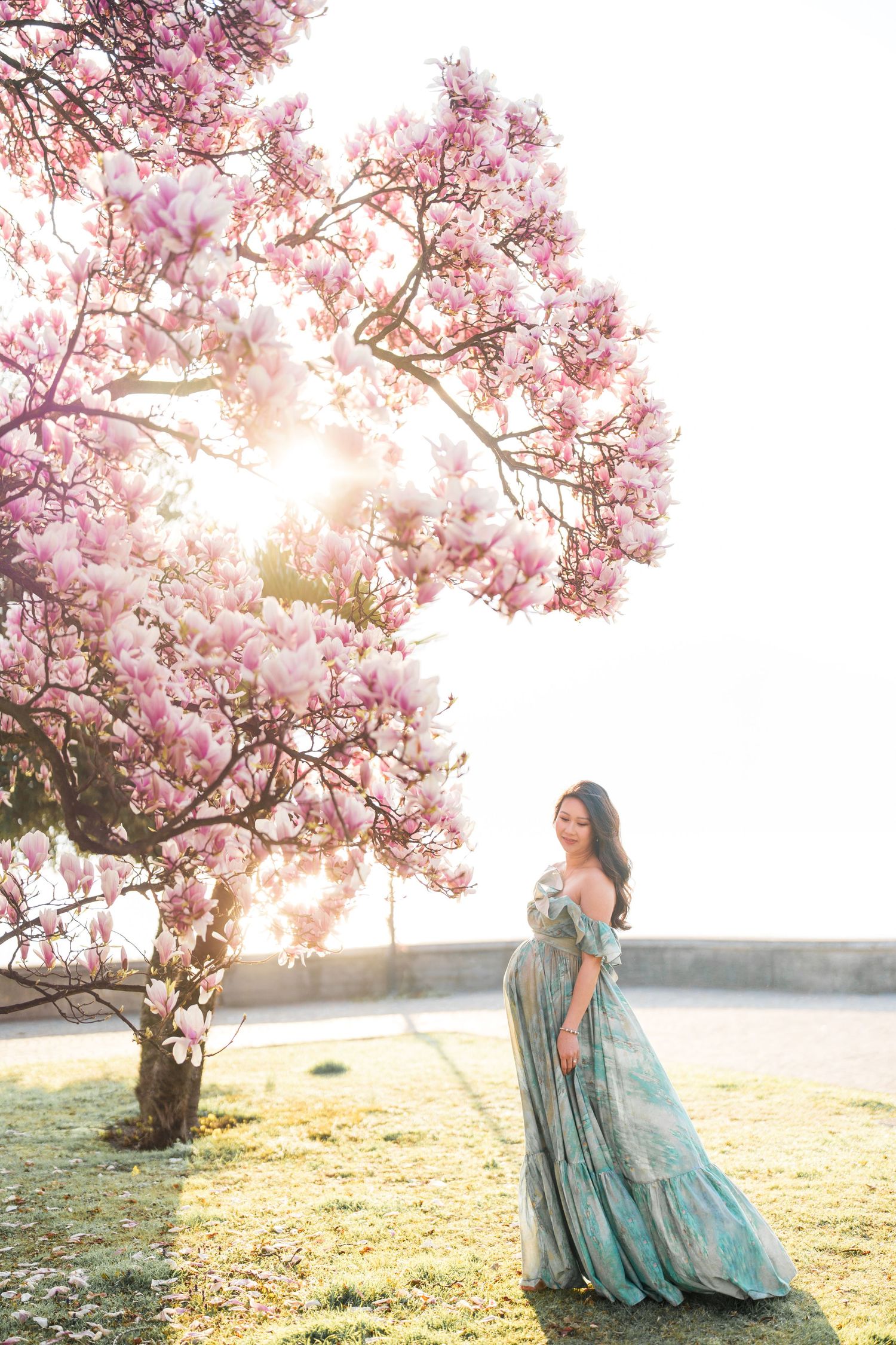 Pregnant woman in floral gown standing under blooming pink magnolia tree in golden sunlight.