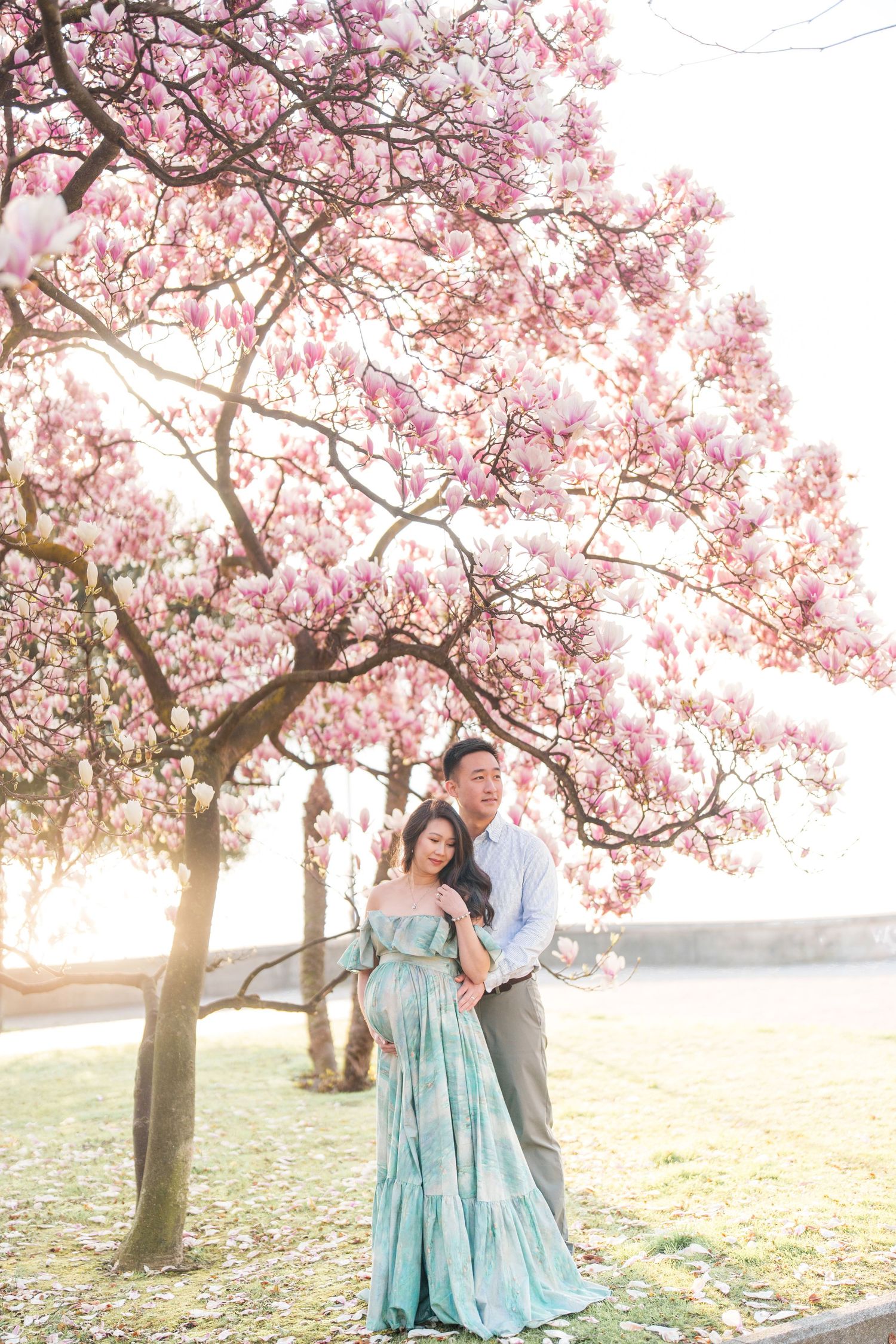 Couple embracing under blooming pink magnolia tree, pregnant woman in teal gown, golden sunset light, outdoor maternity photo.
