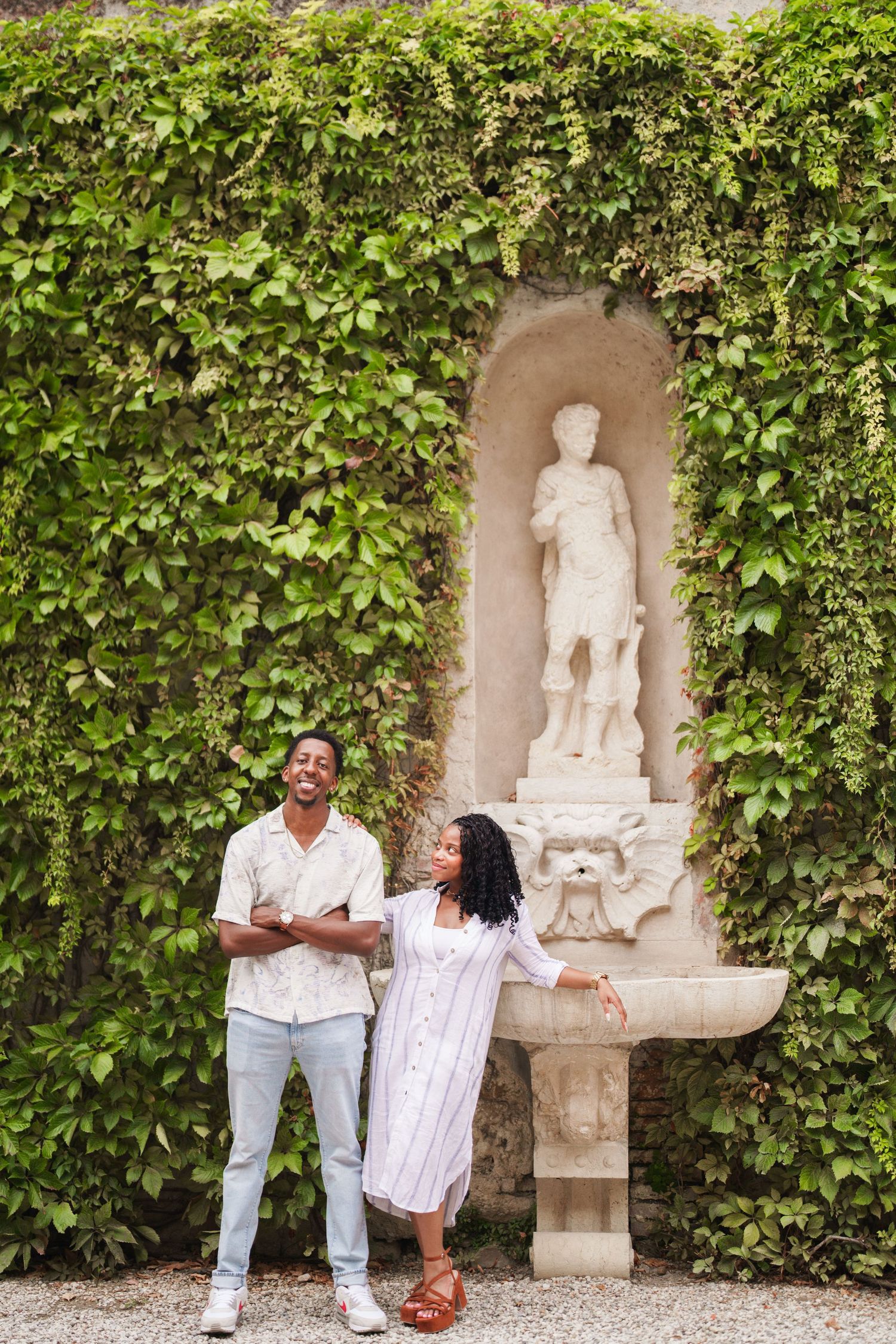 Proposal engagement photographer Verona capturing emotional couple portraits in historic Italian gardens