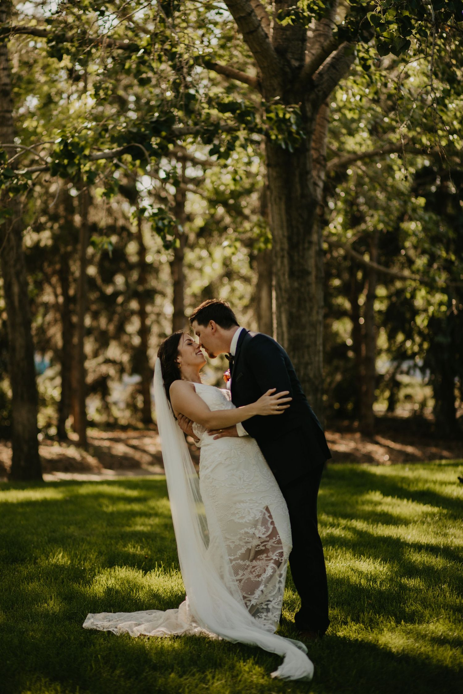 A romantic outdoor wedding photo with the couple embracing on a sunlit lawn beneath tall trees.