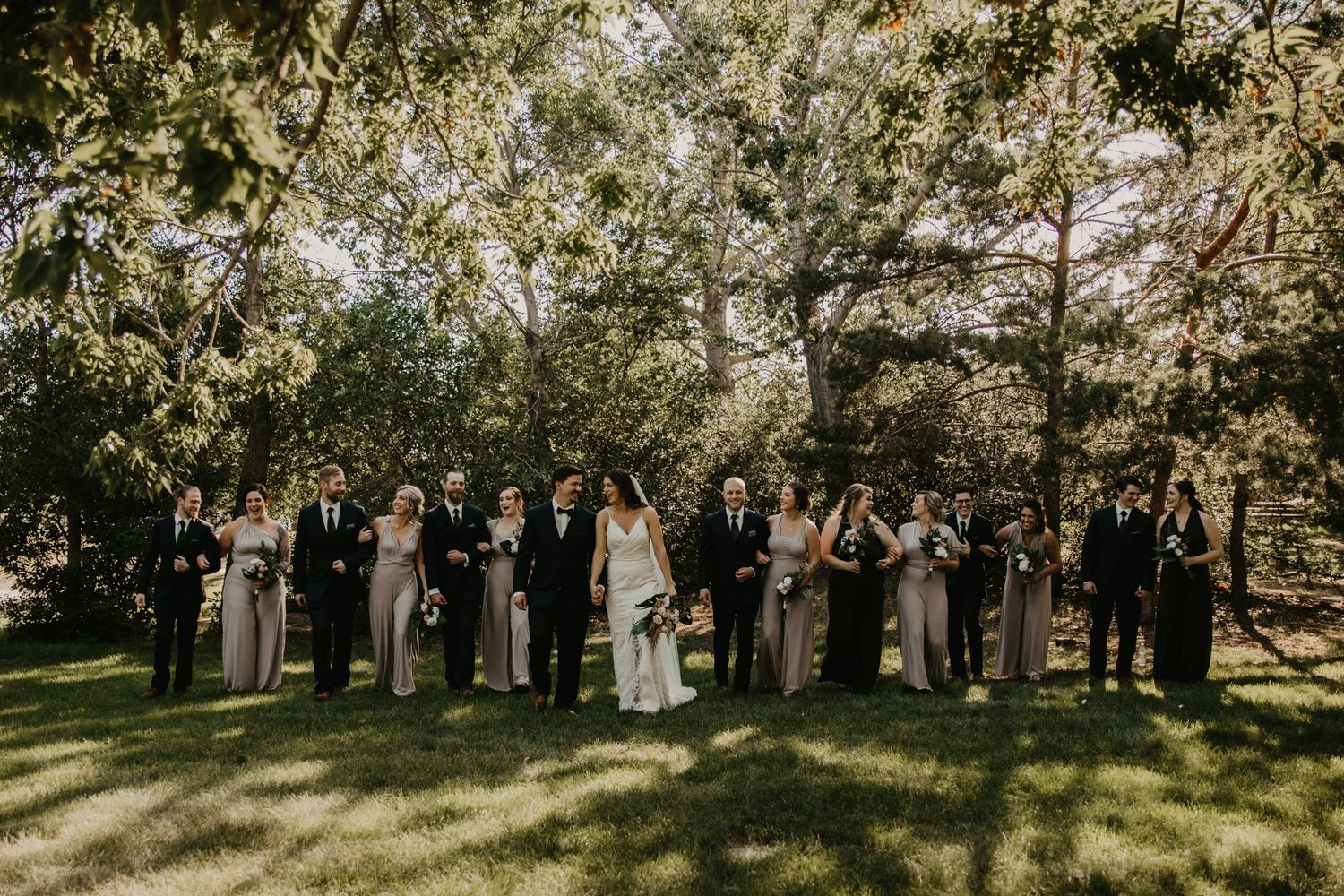 Wedding party stands in line on sunny lawn surrounded by trees during outdoor celebration.