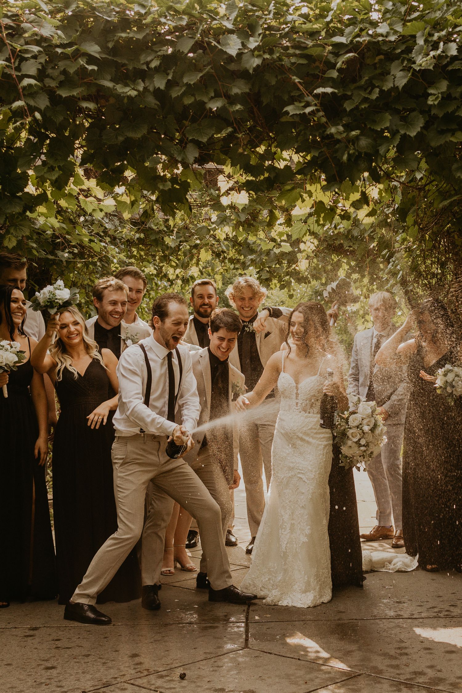 Wedding celebration under vine-covered pergola with dancing and festivities.